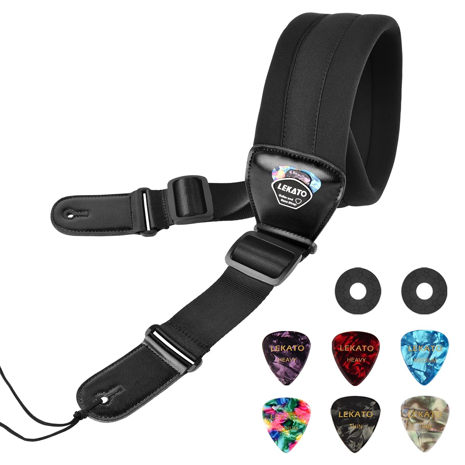 LEKATO Bass Guitar Strap 3" Wide Padded with 2 Safety Strap Locks & 6 Picks