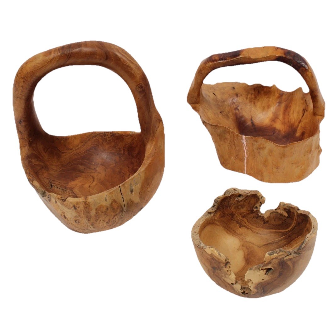Hand Carved Wood Wooden Basket Birdseye Maple Burl Juniper Tree Turned BOWL  LOT