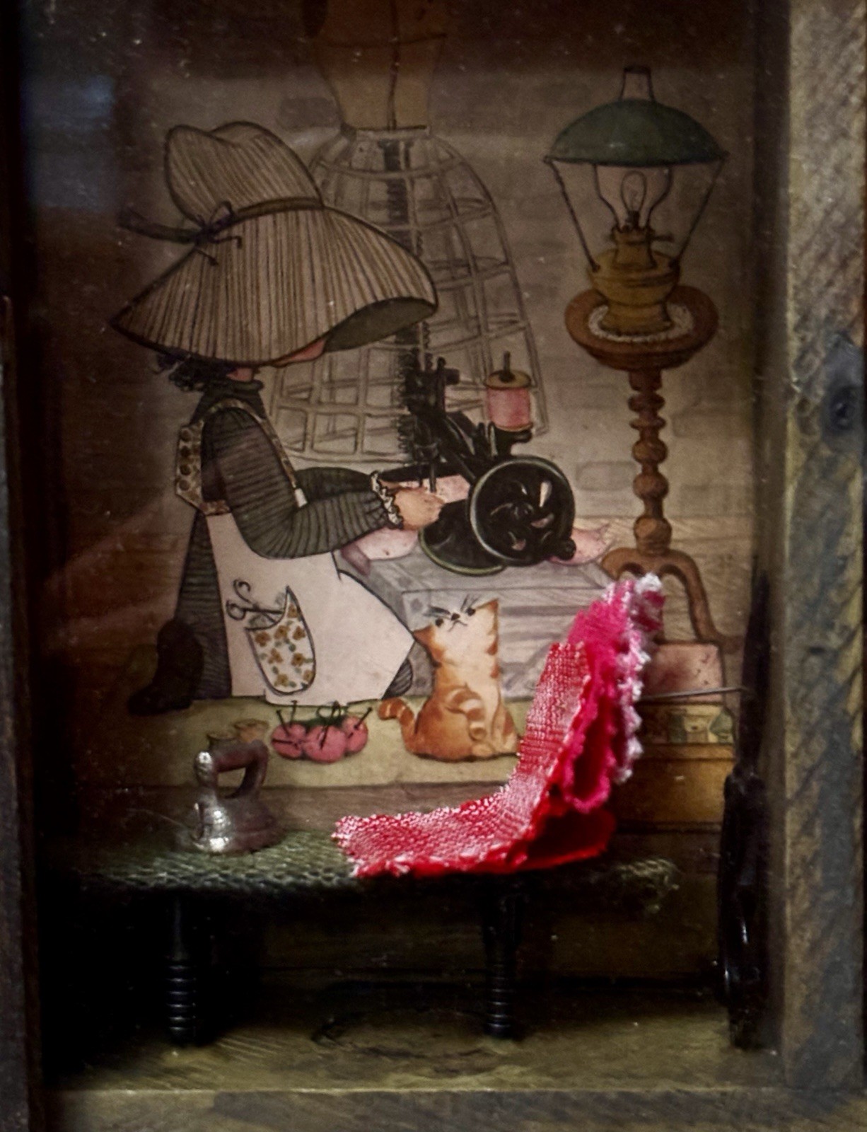 VTG Wooden Capistrano Shadow Box-Swallows Cat Dog Iron Holly Hobbie Rx Dice Bell