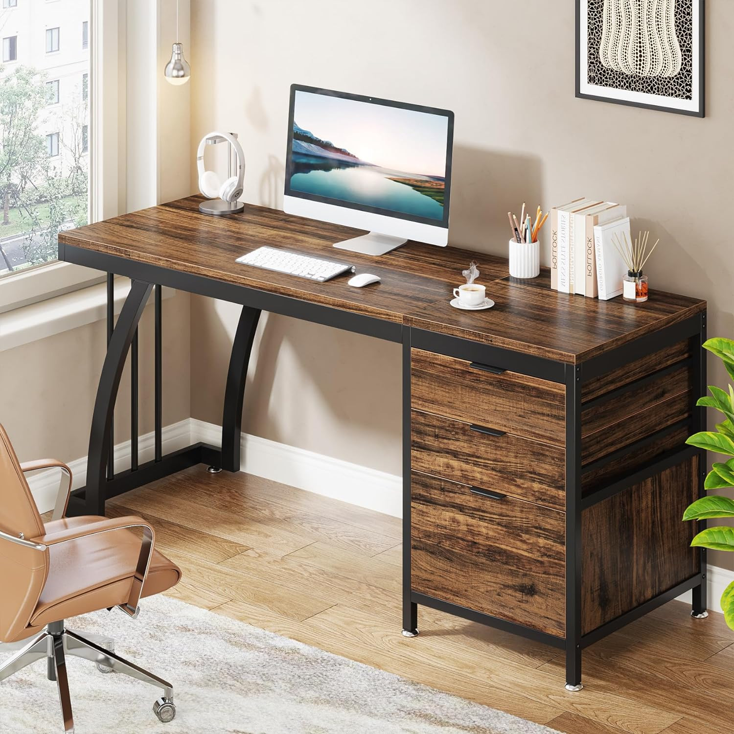Tribesigns Computer Desk with 3 Drawers, 59-Inch PC Desk with Reversible Drawers