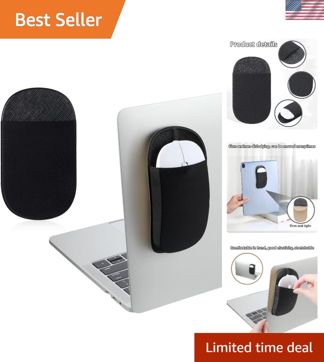 Lightweight Adhesive Mouse Pocket for Laptop - Sleek Black Storage Solution