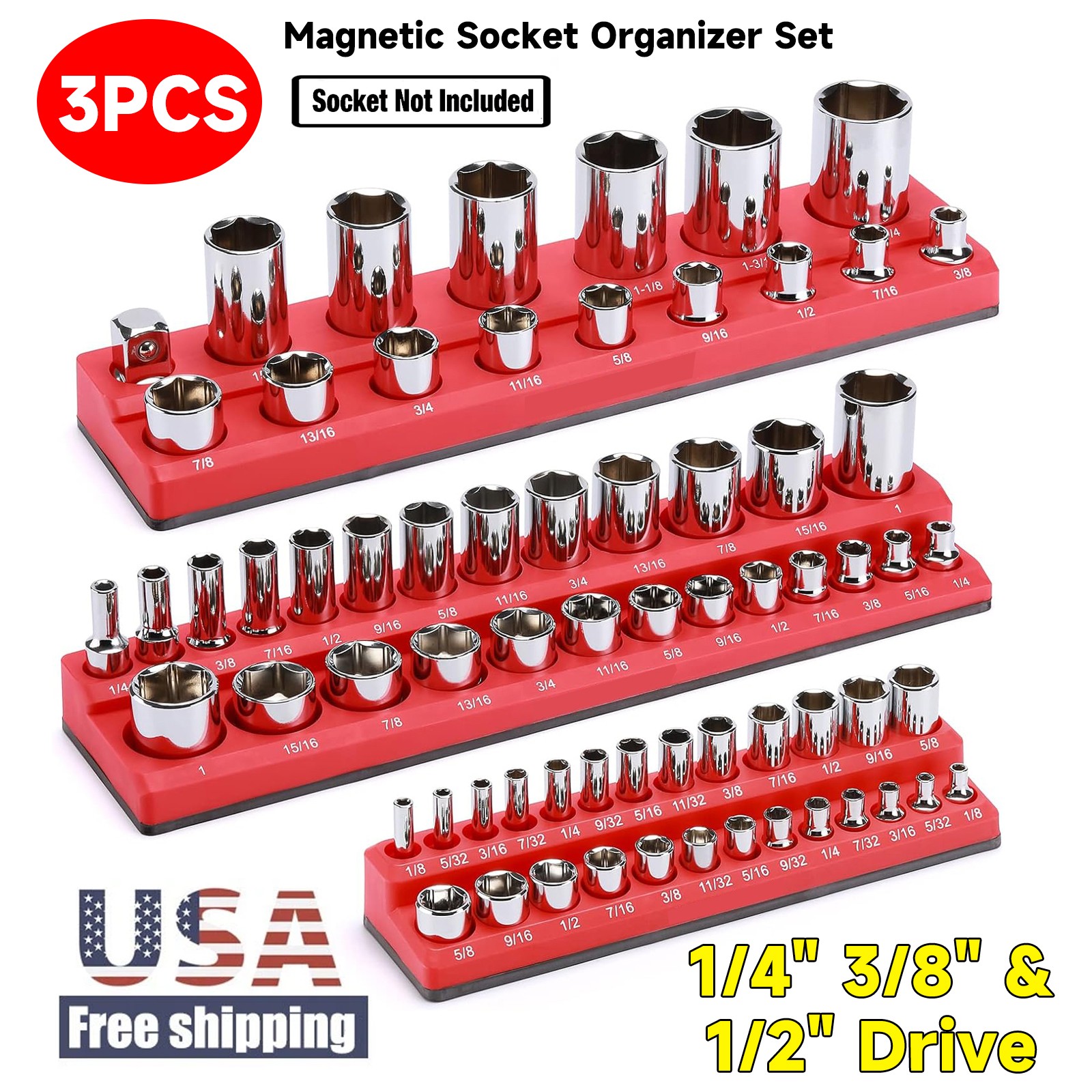 3Pcs Magnetic Socket Organizer Set 1/4", 3/8" and 1/2" Drive SAE Socket Holder