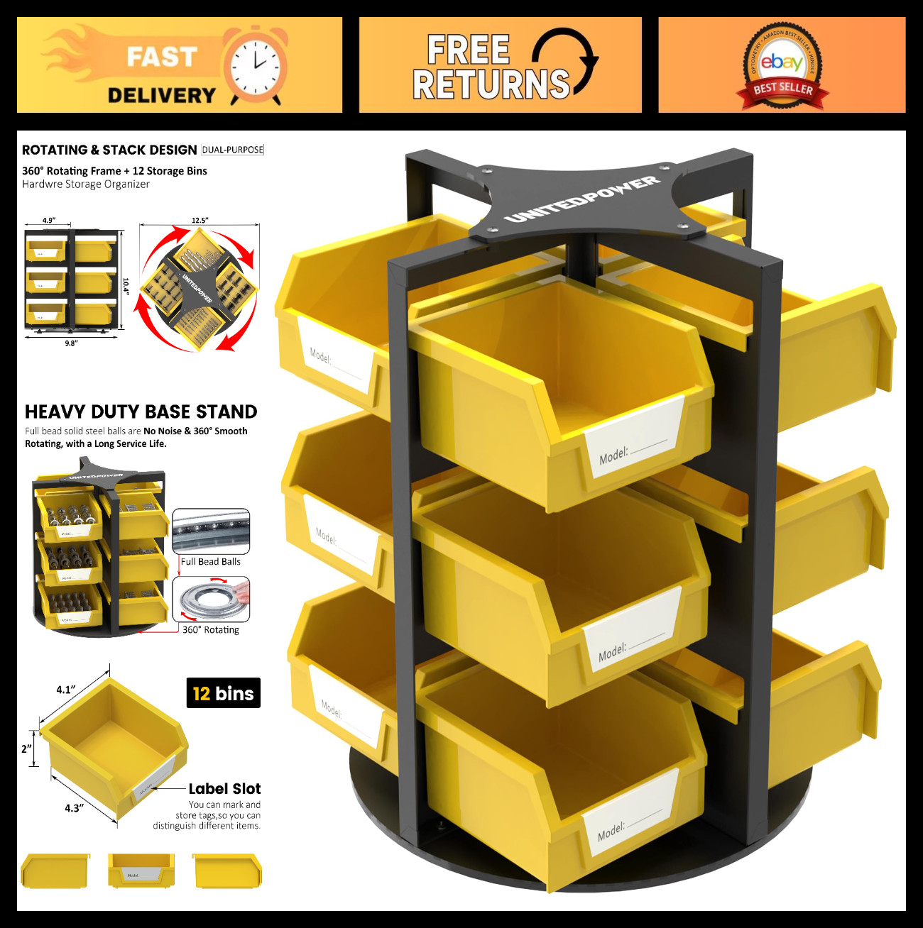 Rotating Storage Bins Organizer for Tools, Hardware, Crafts, Nuts & Bolts - 12 B