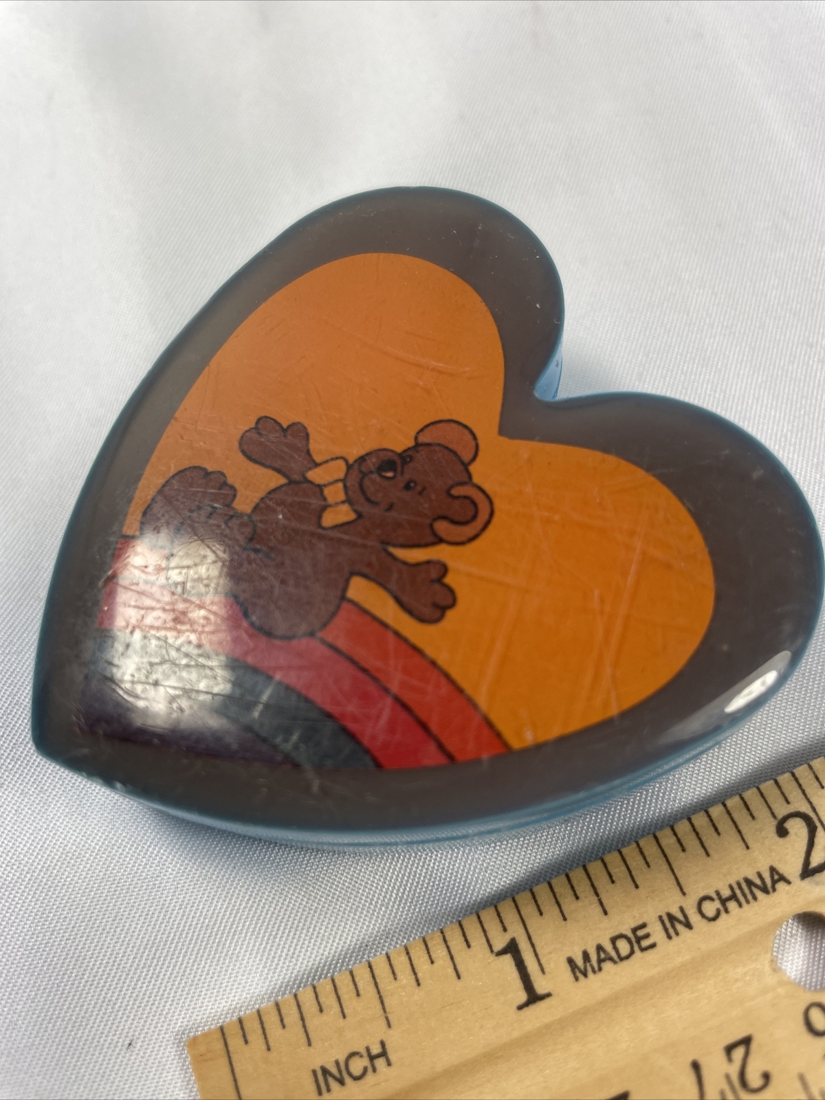 1980s heart box bear on rainbow 2" Blue lid opens