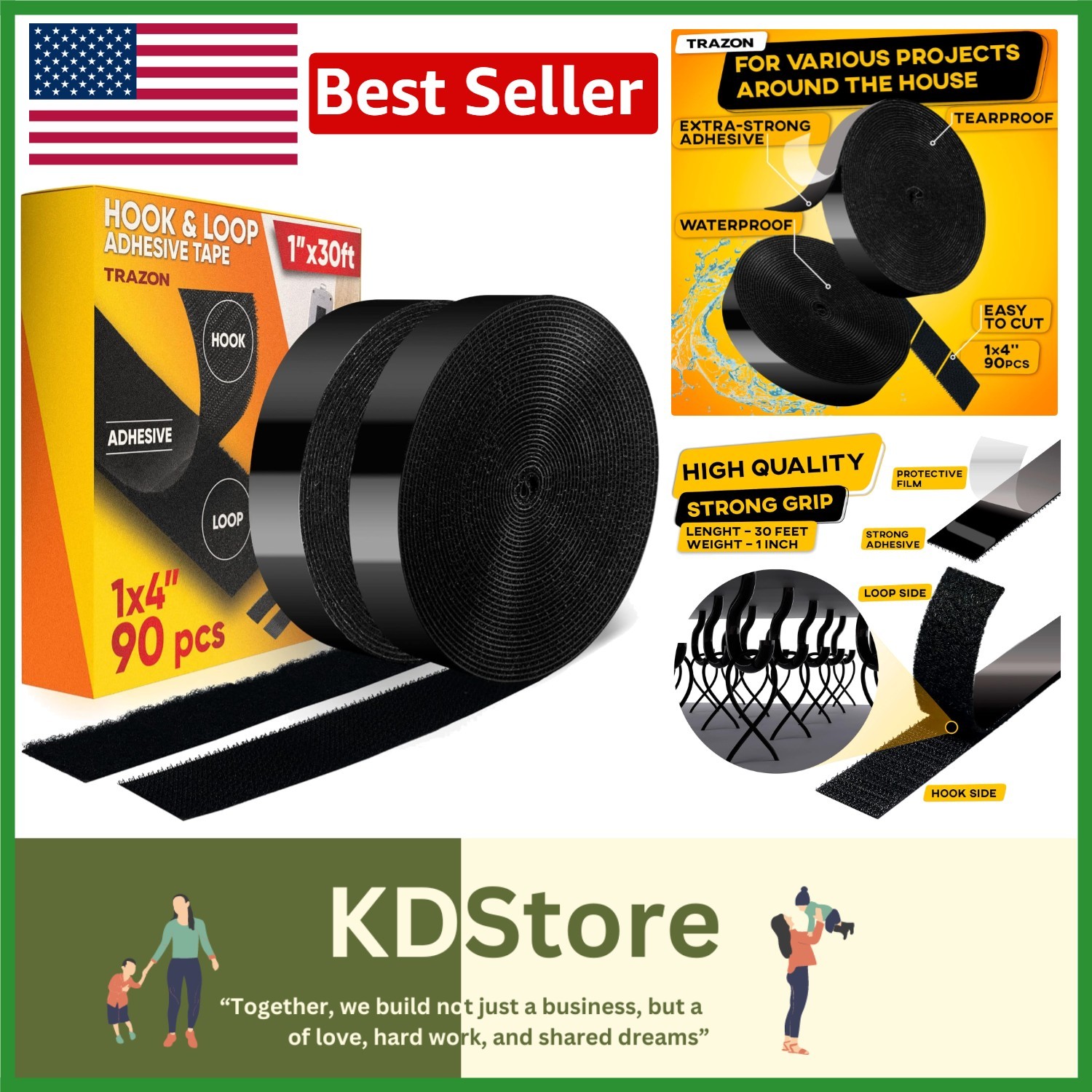 Waterproof 1 Inch x 30 Feet Hook and Loop Tape - Perfect for Home Organization