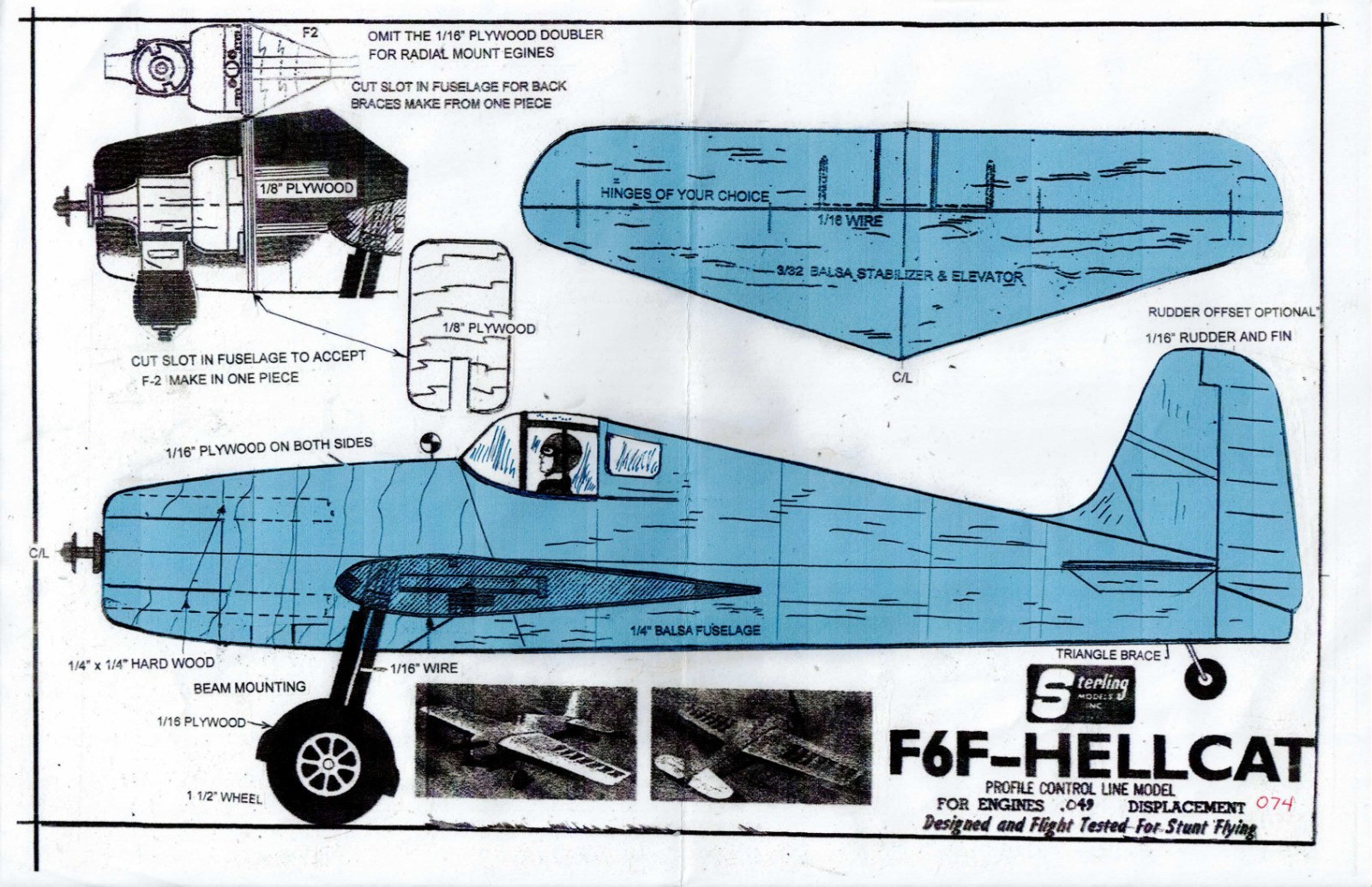 1/2 A profile 003 F6-F Hellcat US Navy U-Control plans