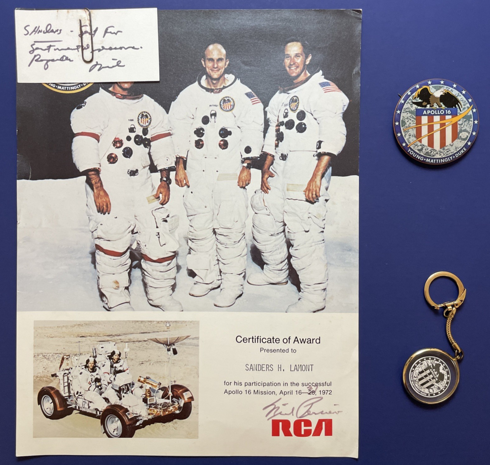 Vintage NASA Space Collectible Lot – Apollo 16 RCA Certificate/Pinback/Keychain