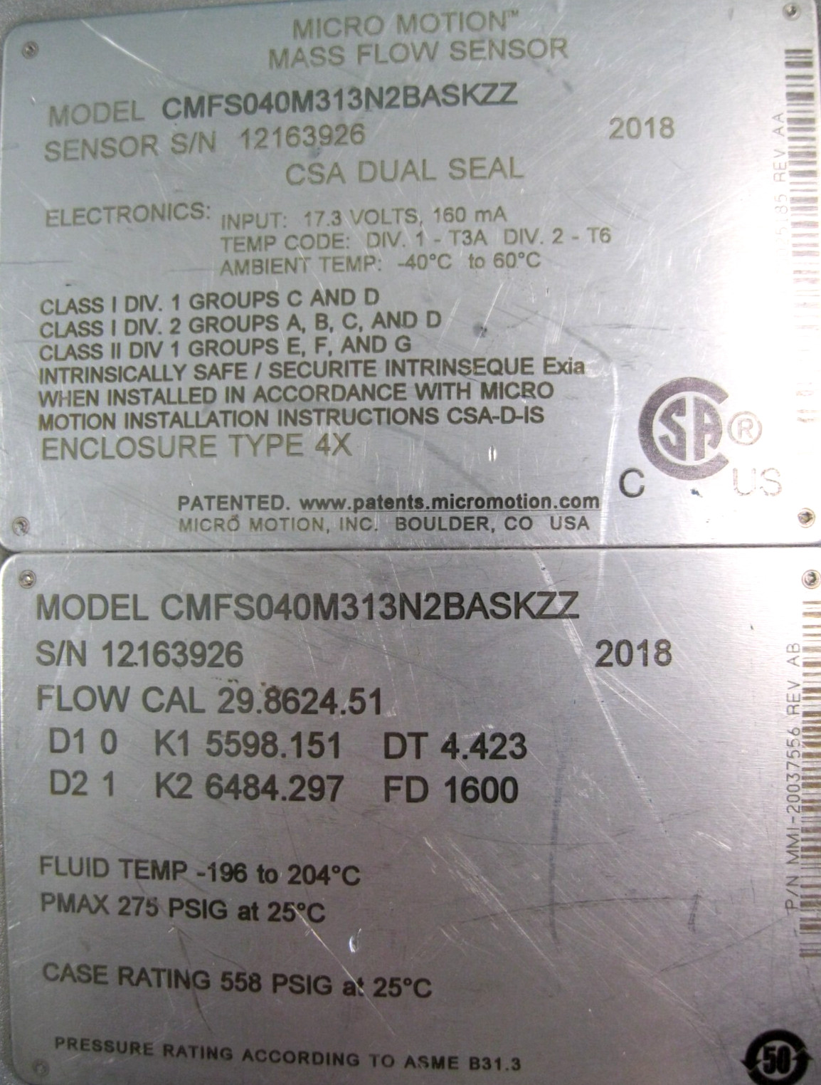 1/2" 150# Micro Motion CMFS040 Sensor 800 Enhanced Core Processor CALIBRATED C20