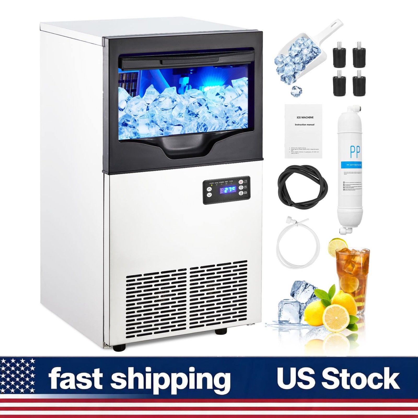 100LBS/24H 33LBS Storage Stainless Steel Commercial Ice Maker Self-Cleaning