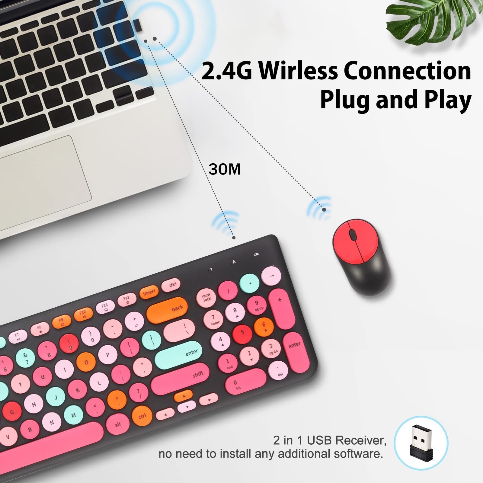 Wireless Keyboard and Mouse Combo, Retro Typewriter Keyboard with Round Keyca...
