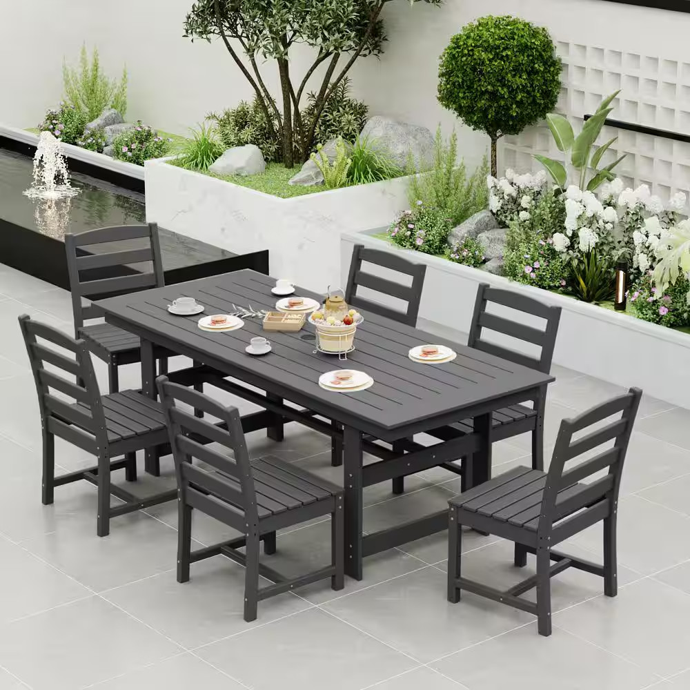71 In. Outdoor Patio Dining Table Umbrella Hole, HDPE Rectangle Table Standard H