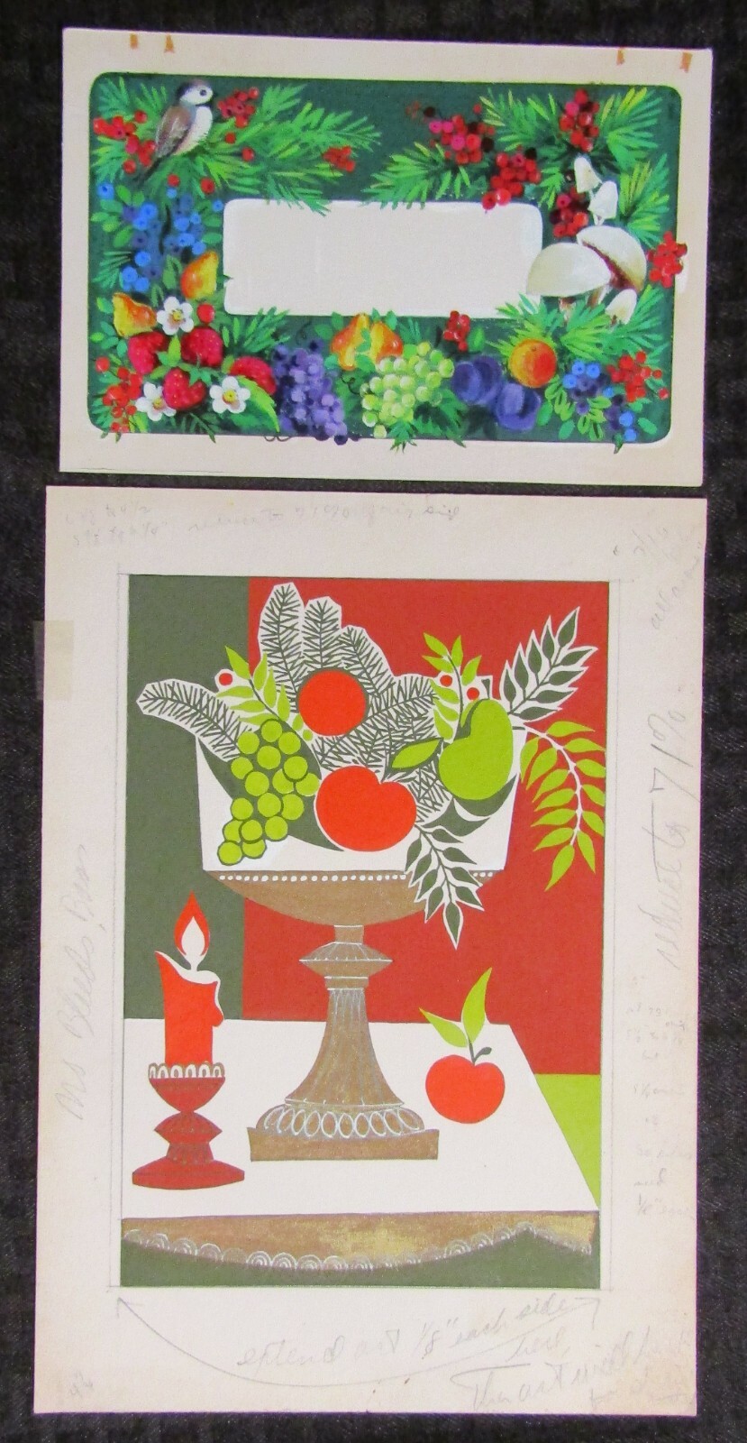 CHRISTMAS Fruit in Bowl w/ Mushrooms & Candle 8x11" Greeting Card Art LOT of 2