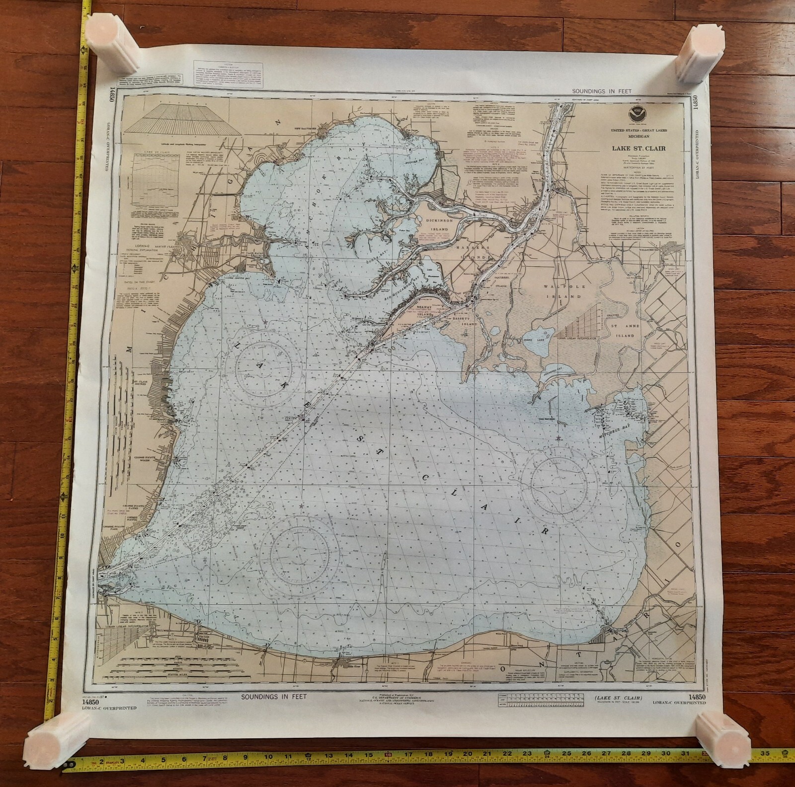 Vintage 1987 NOAA Chart Map Lake St. Clair 514850 Michigan / Canada, 33"x36"