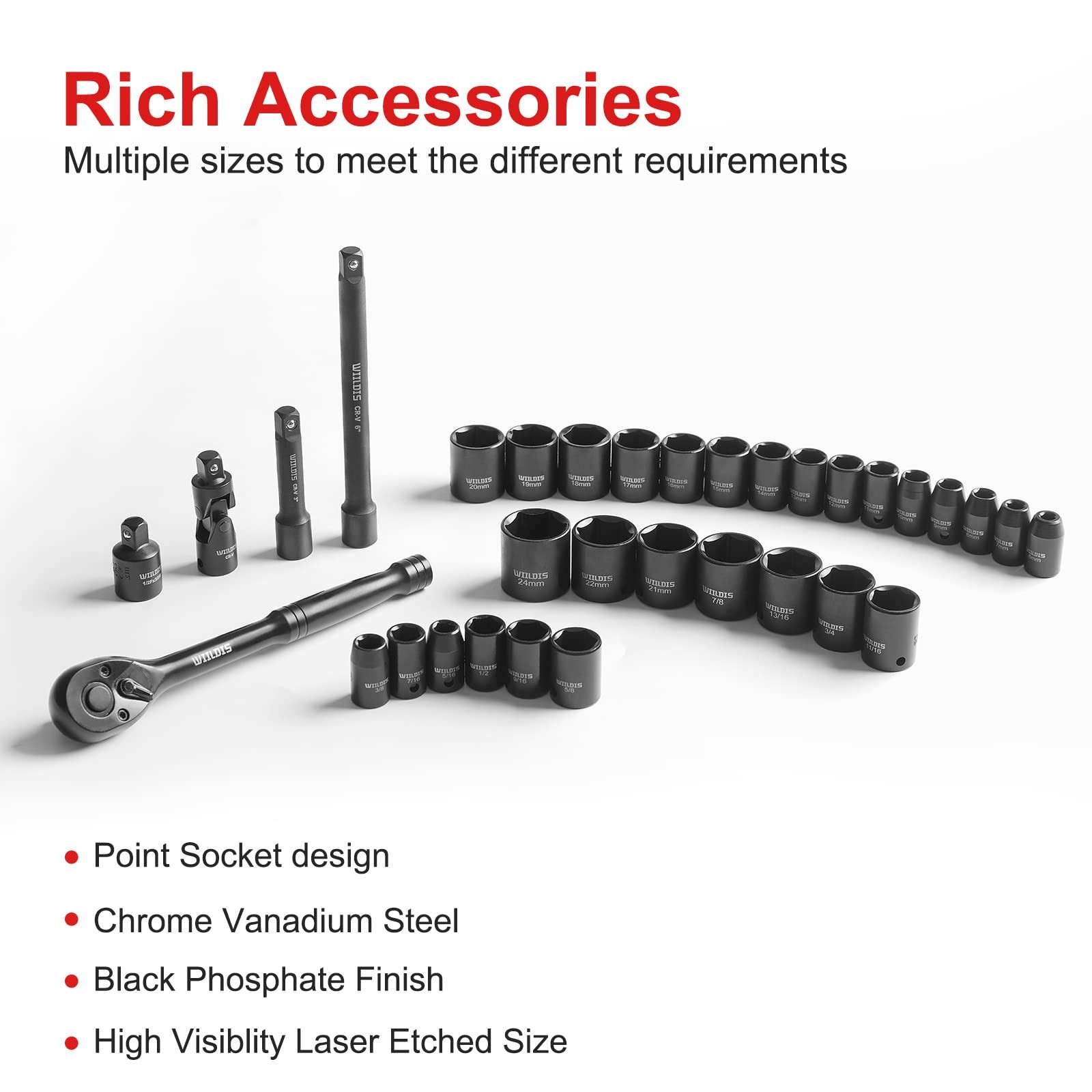 WIILDIS Impact Socket Set, 33-Piece, 3/8" Drive Socket Set with 72 Teeth Reve...