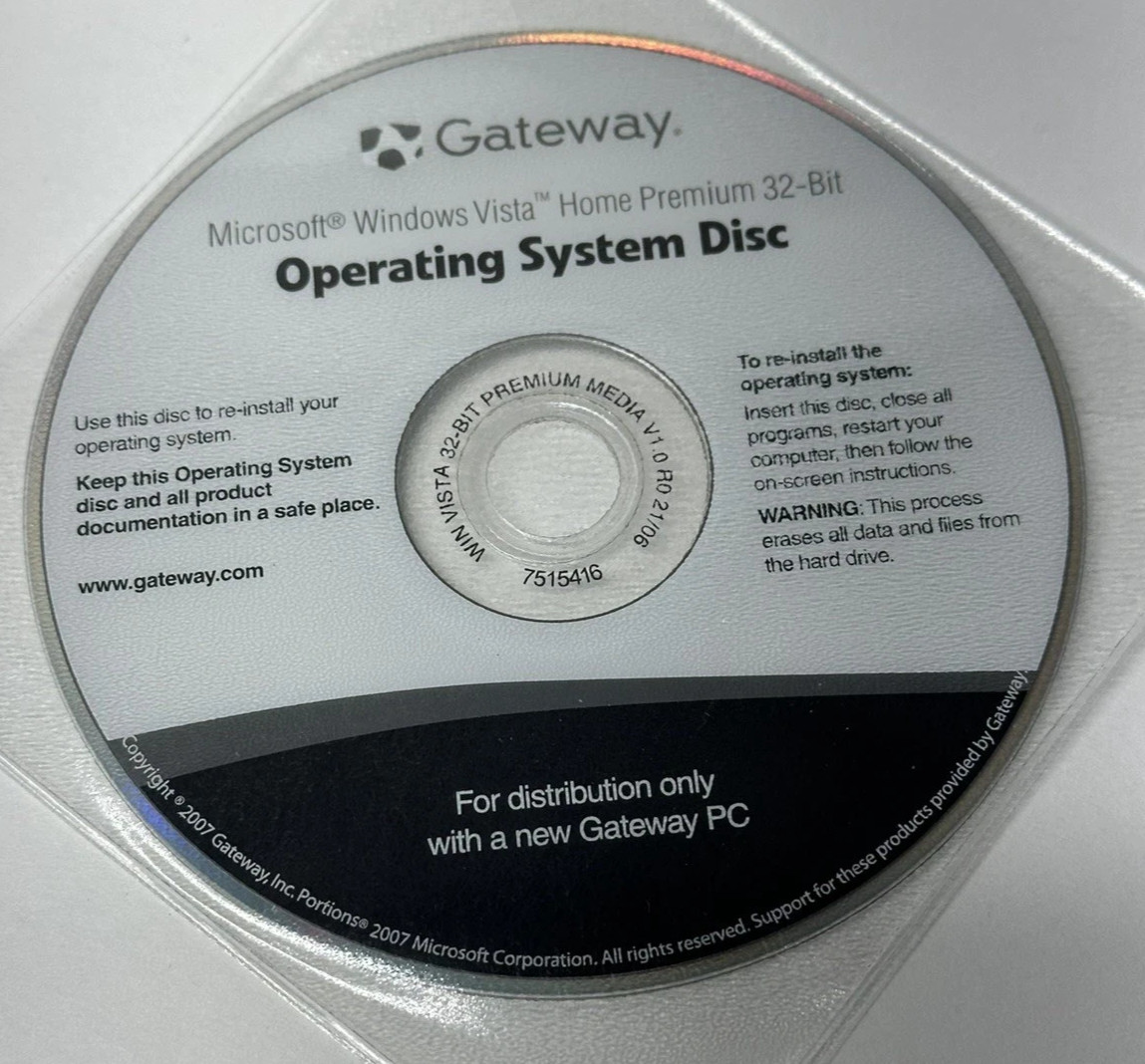 Sealed, GATEWAY Windows Vista HOME PREMIUM 32 bit Operating System Disc 7515416