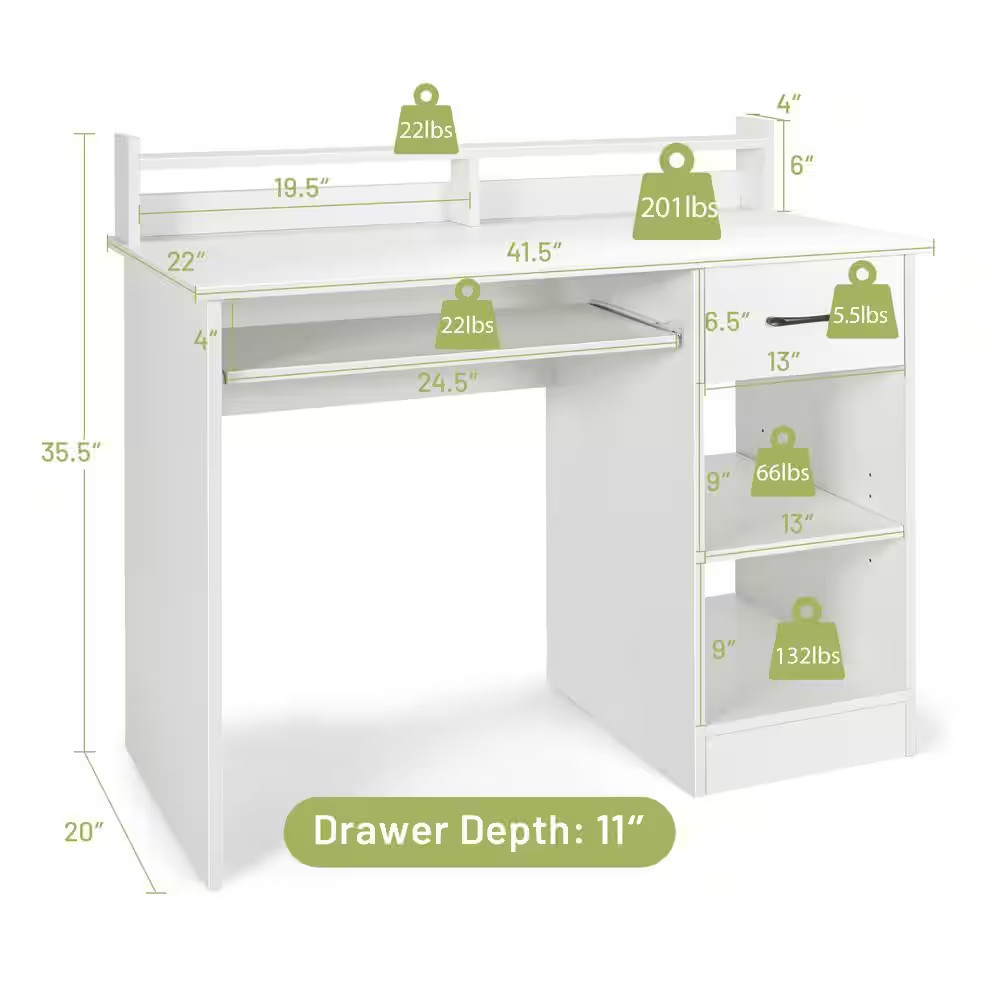 41.5 In. Rectangular White Wood Wide Computer Desk Writing Study Laptop Table wi