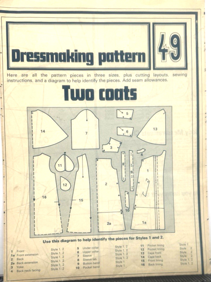 Dressmaking Pattern #49 - Coats/2 Styles (Various Sizes) New