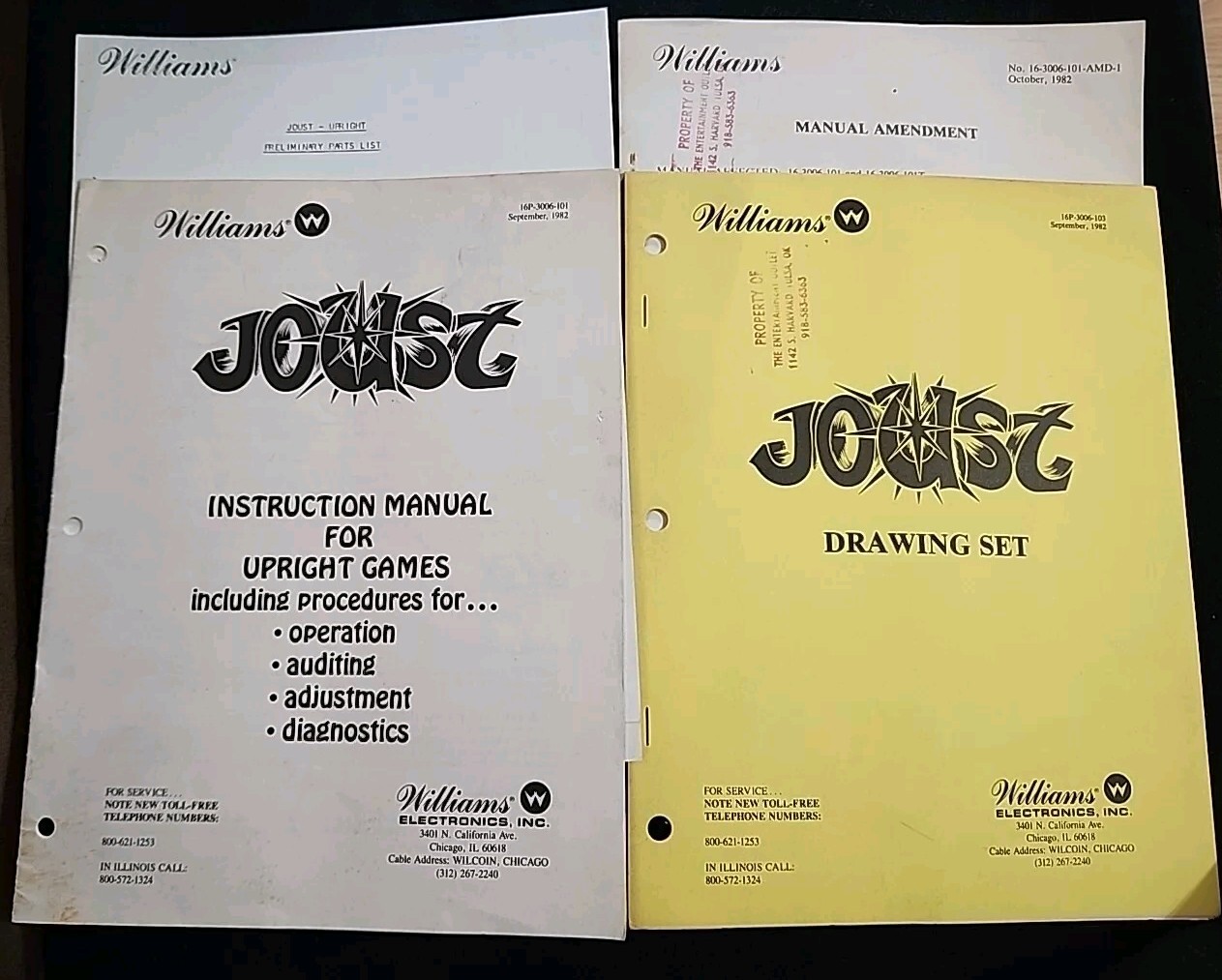 Williams Joust Arcade Instruction Manual, Drawing Set, Amendment, Parts List