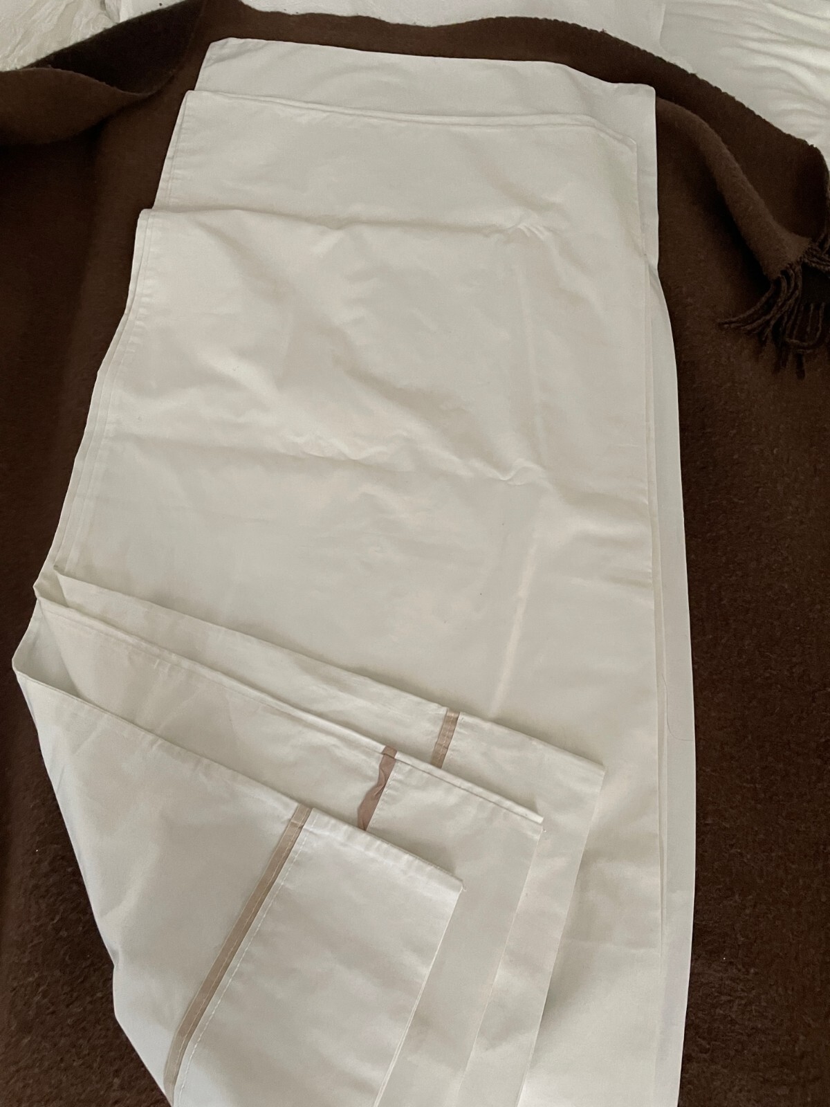 Lot of 3 White Pillowcases w Tan Stripe 17" x 36" & 18" x 40"