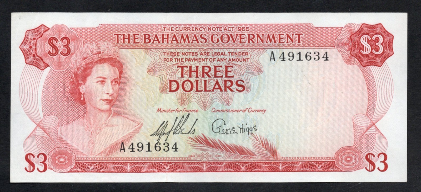 1965 Bahamas 3 dollars, 2 signatures, UNC. P#19a