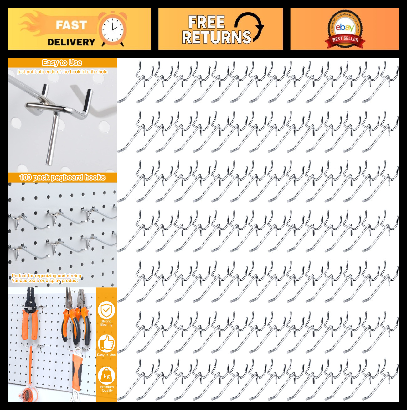 100 Pack Stainless Steel Pegboard Hooks - 2 Inch Hanging Organizers for Garage S