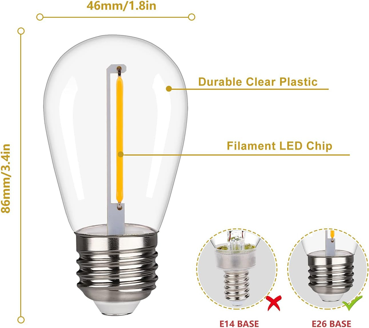 Shatterproof LED String Lights, Waterproof, Warm White 2200K, 70LM, E26 Base - 1