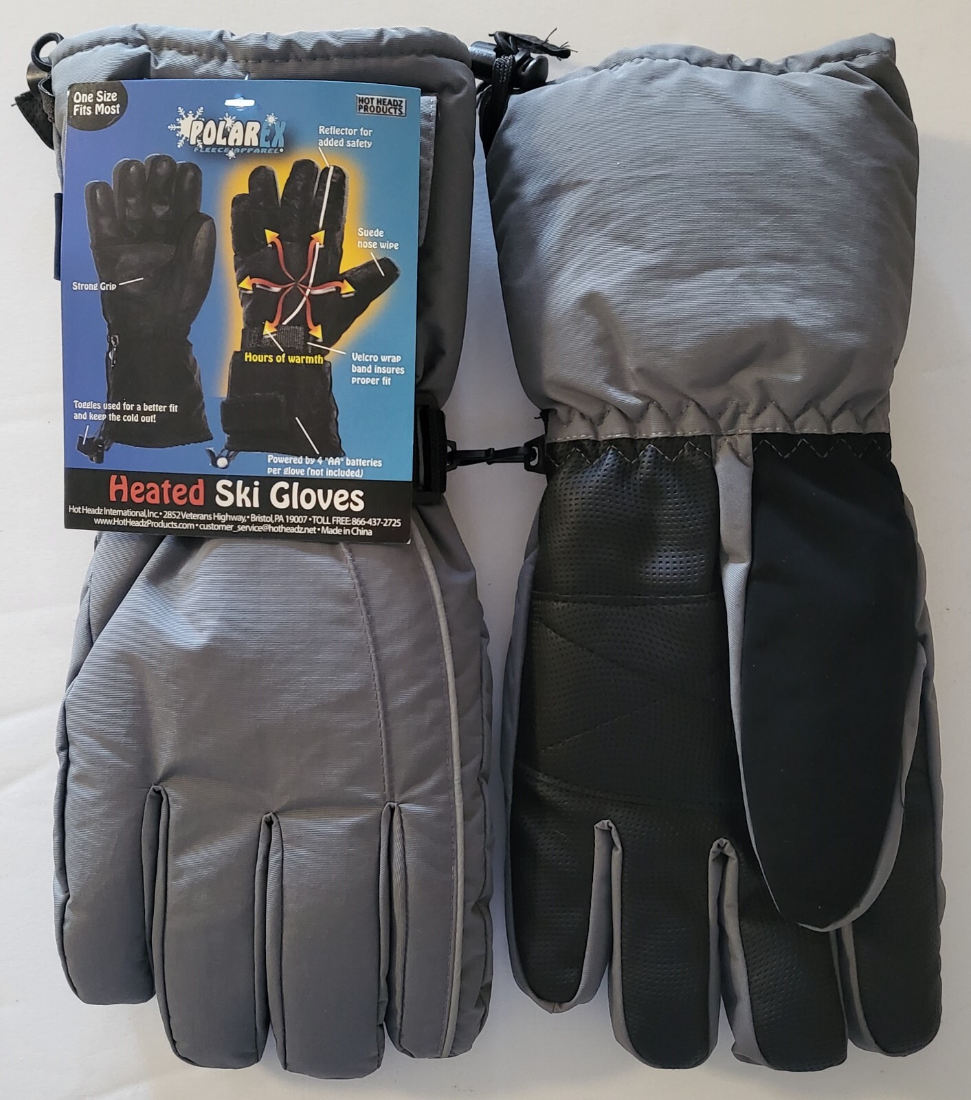 HOT HEADZ POLAREX BATTERY POWERED HEATED GRAY SKI GLOVES - ONE SIZE FITS MOST
