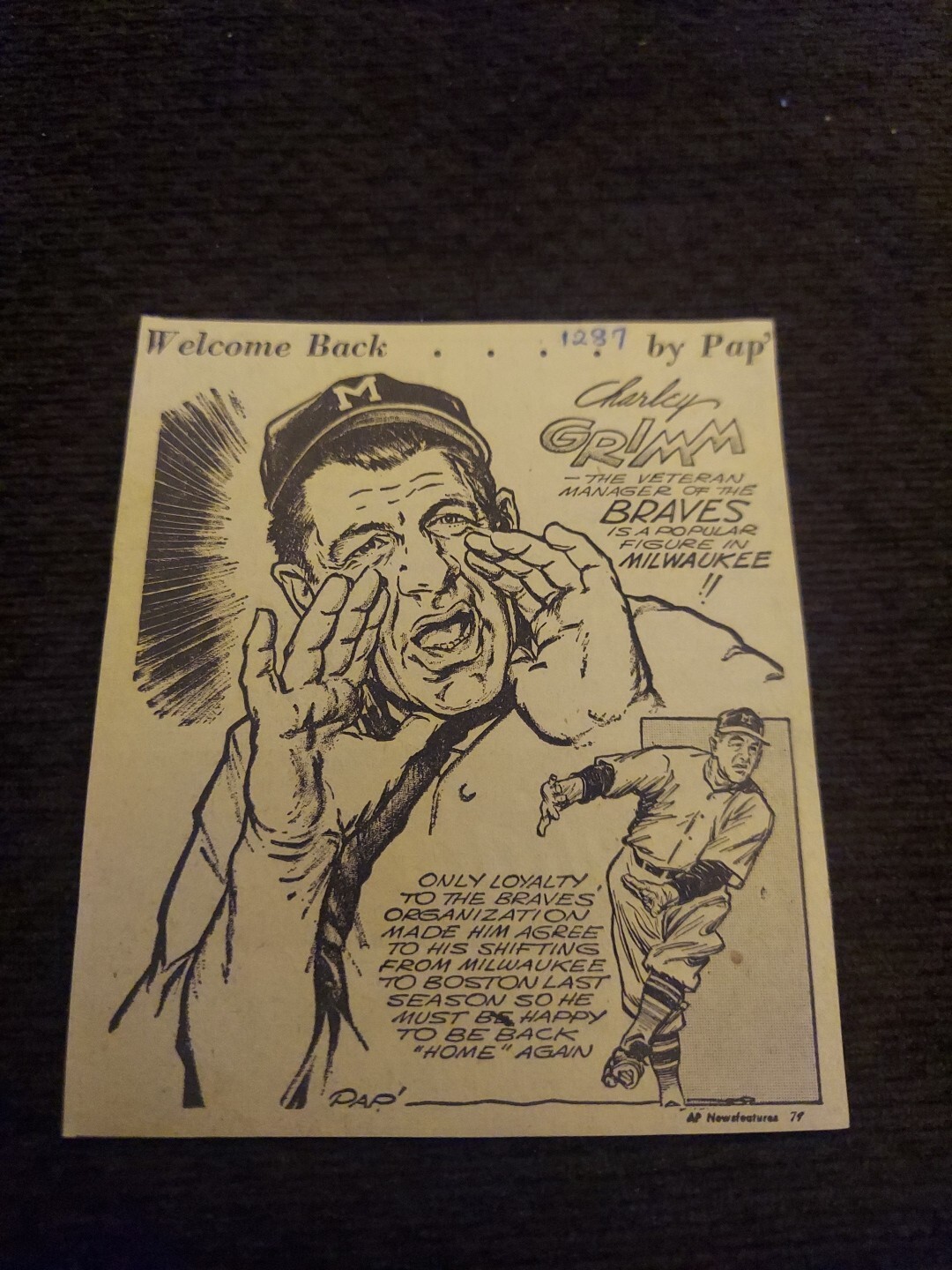 Charlie Grimm Bravrs Baseball  Comic Sport Drawing Newspaper Clipping By Pap