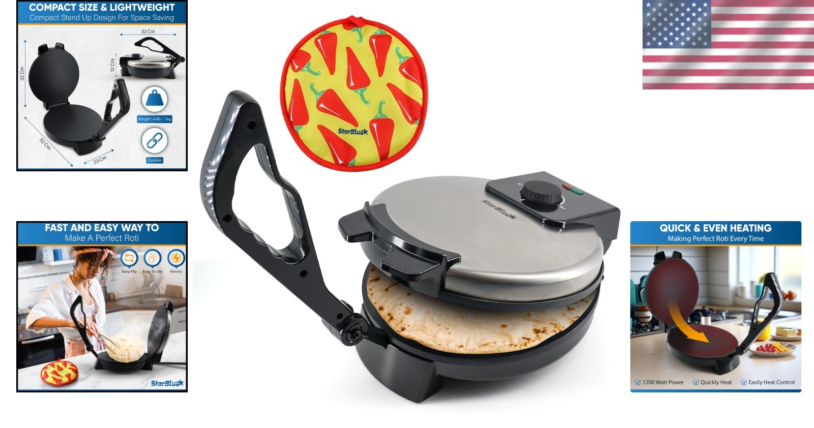 Electric Roti Maker 10-Inch - Includes Roti Warmer, Removable Handle, Easy Use