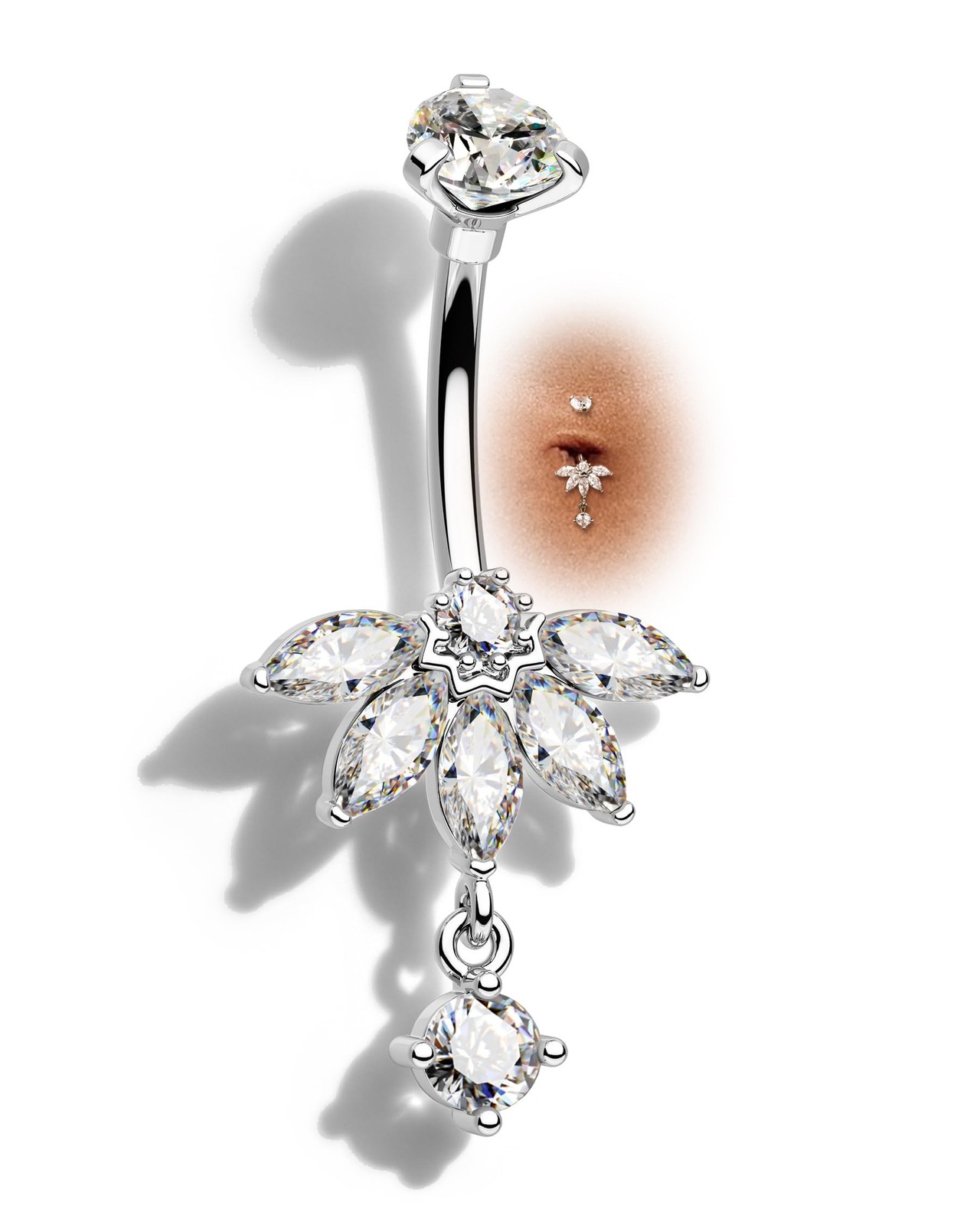 Lotus Belly Button Rings, 14G Dangle Belly Navel Rings for Women, Stainless S...