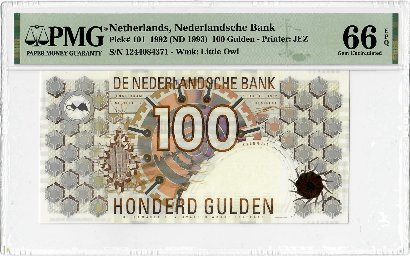 Netherlands 100 gulden 1992 (ND 1993), PMG 66 EPQ, "Nederlandsche Bank" P# 101