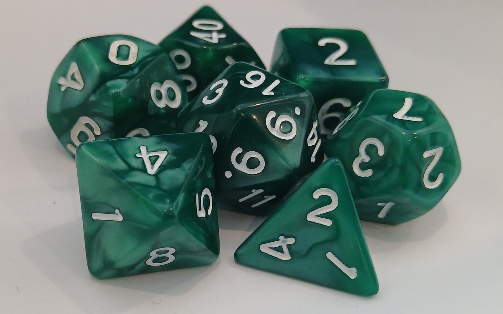 Roleplay Dice, Set of 7 Dark Green with White Numbers, Pearl effect