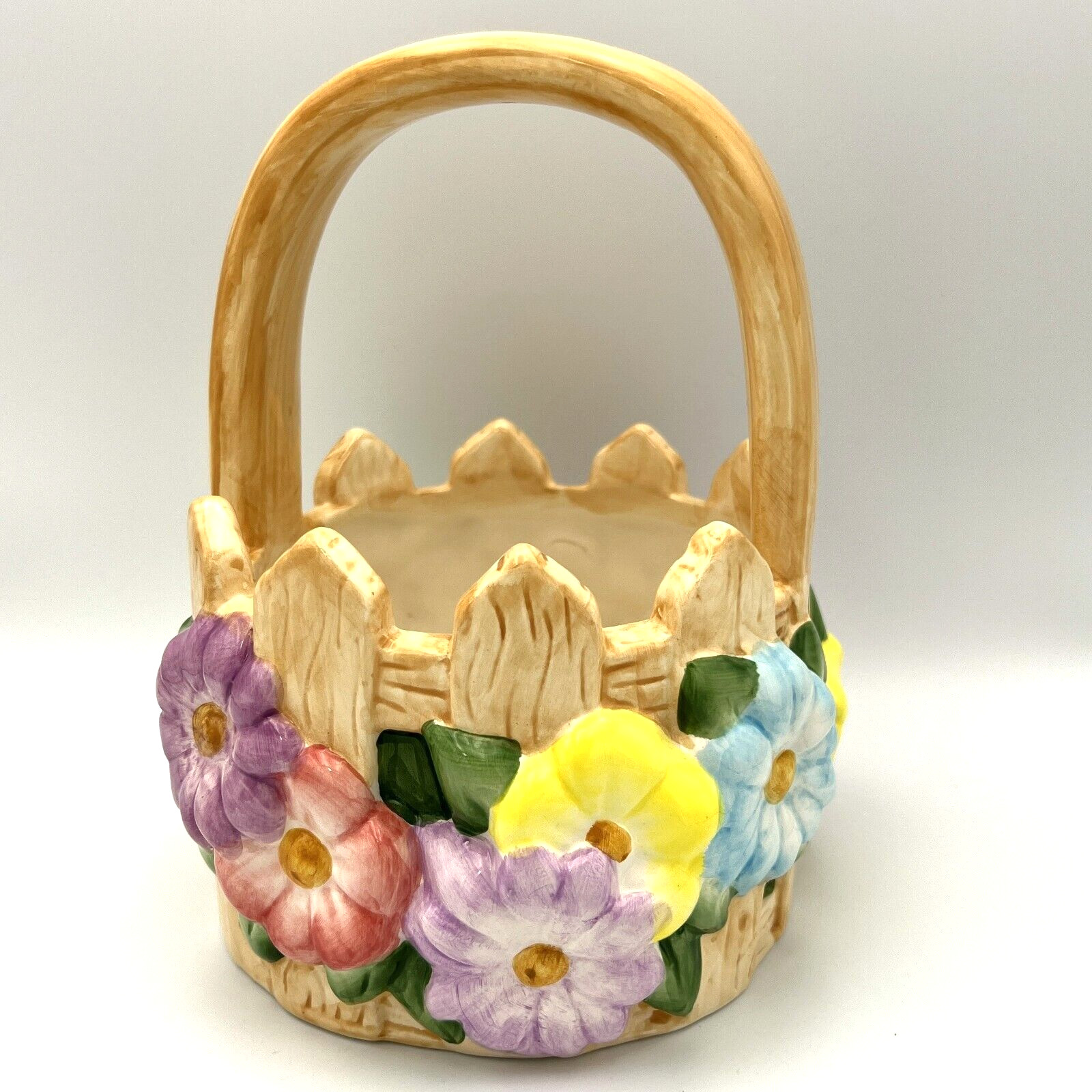 Ceramic Basket Planter Easter Spring Picket Fence Multicolor Spring Flowers