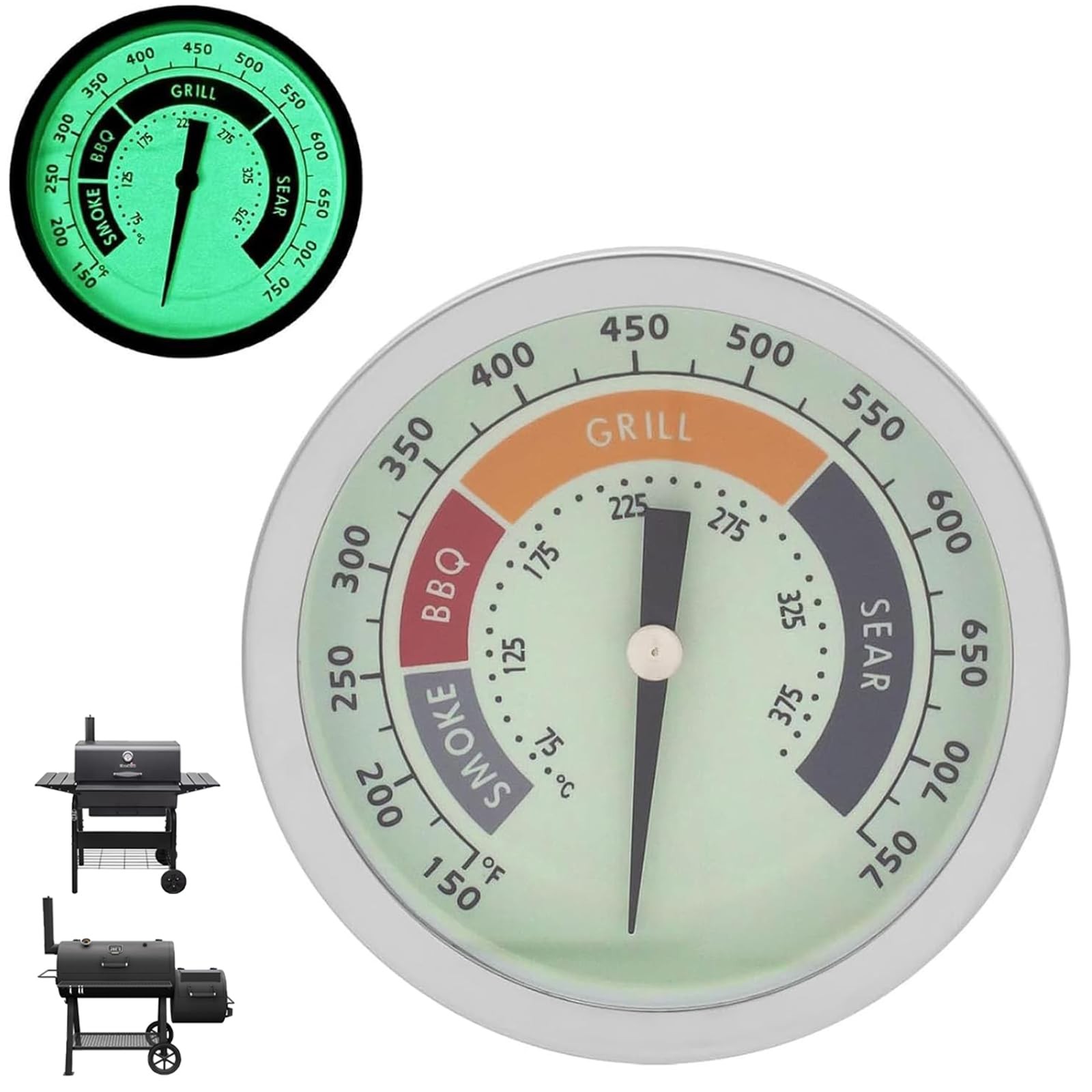 3 1/8" Smoker Thermometer Gauge 3.12" for Charcoal Pellet Wood Smokers, Green