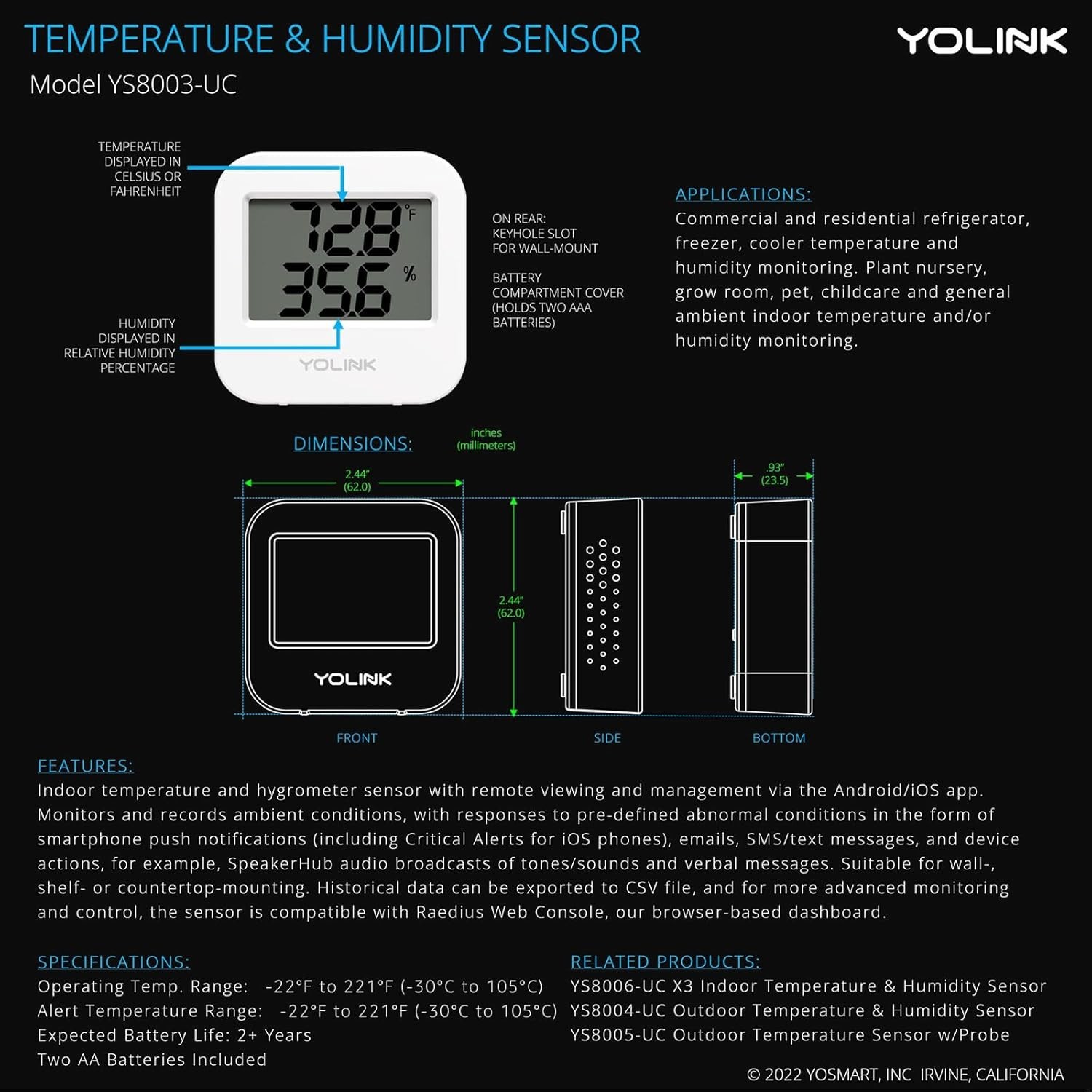 Wide Range Wireless Temp & Humidity Sensor with App Alerts - Hub Required