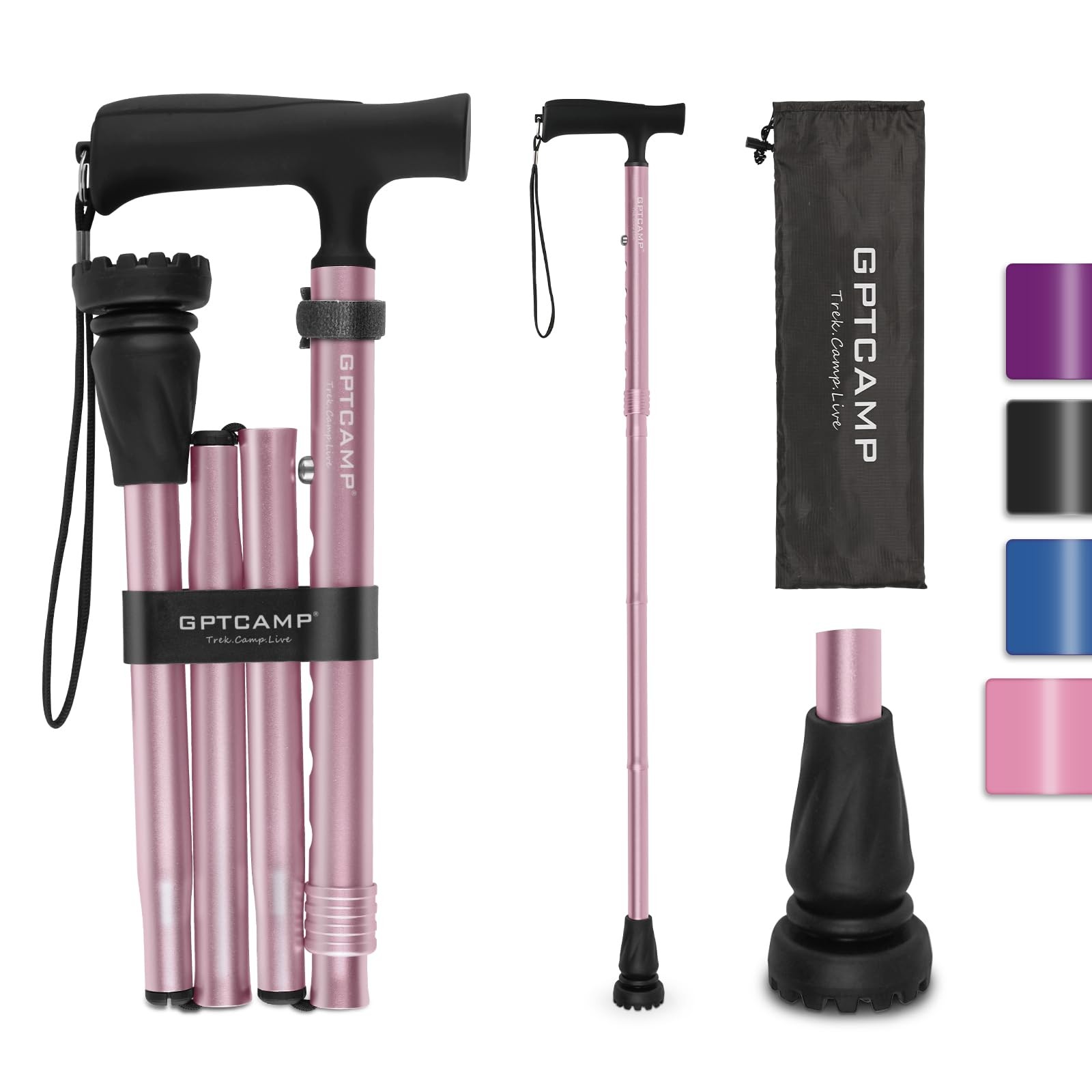 GPTCAMP G2 Walking Stick, Fold-up Cane for Women and Men 12.4", Pink