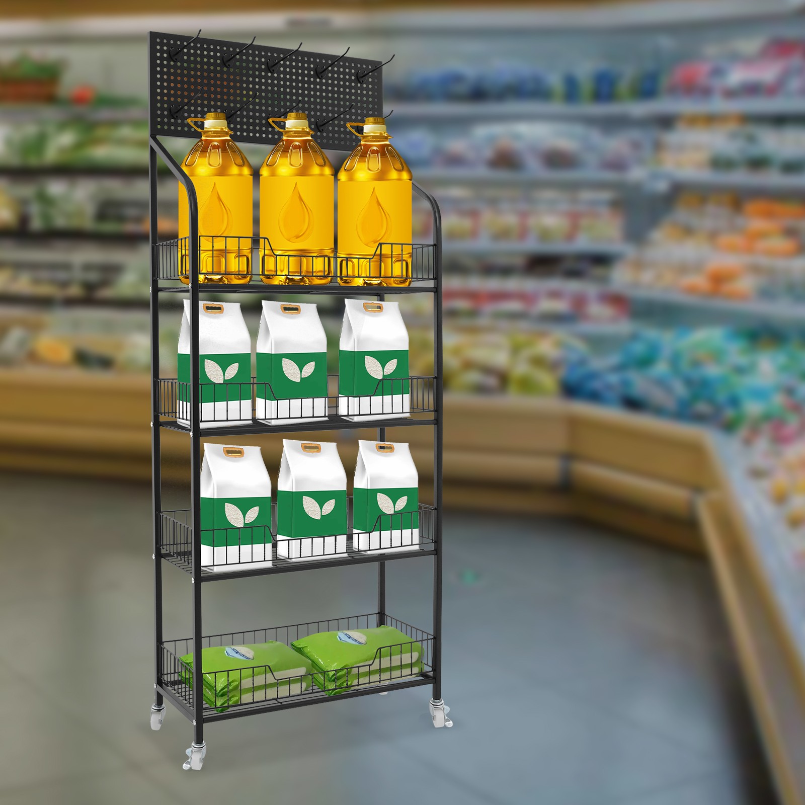 Rolling Retail Display Rack 4 Tier Black Store Merchandise Shelf Unit