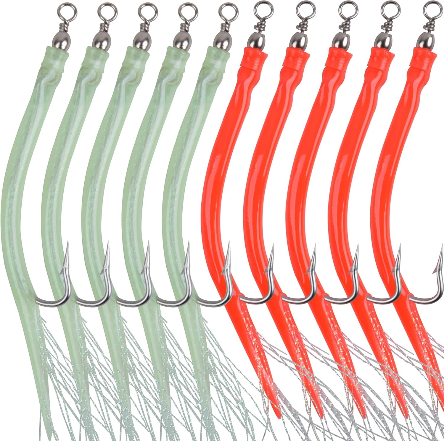 AGOOL Classic Striped Bass Tube Lures Cod Rig 7/0, GREEN/RED - 10pcs