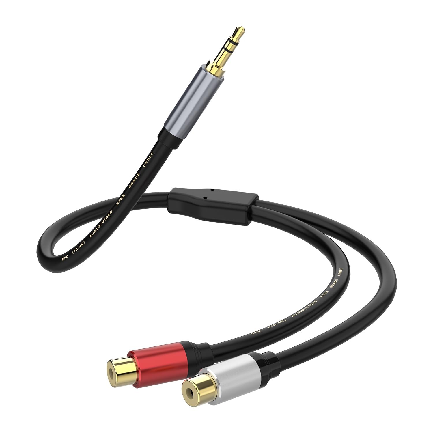 Gold Plated 3.5mm Male to 2 RCA Female Adapter - 1FT Hi-Fi 1 foot, Black