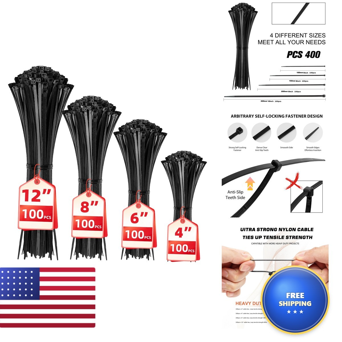 Cable Zip Ties400 Pack Black Assorted Sizes 12864 Inchmulti-Purpose