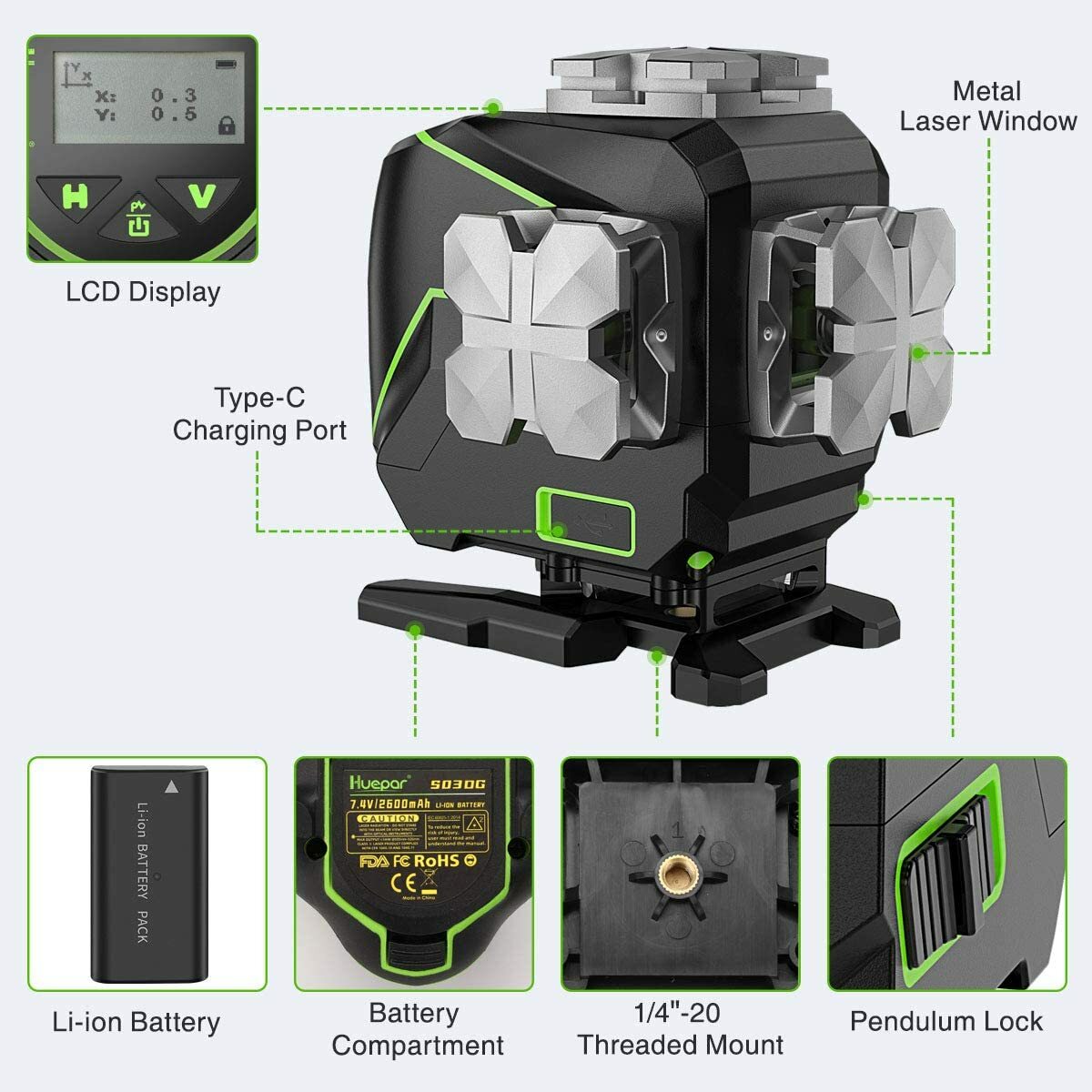 Huepar 3x360° Self-Leveling Bluetooth Connected Laser Level with LCD Screen