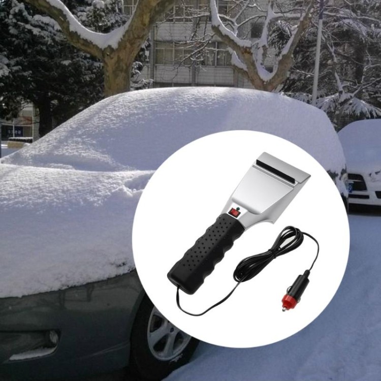 12V Heated Car Ice Scraper with Anti-Skid Handle and Rubber Wiper, Silver/Black