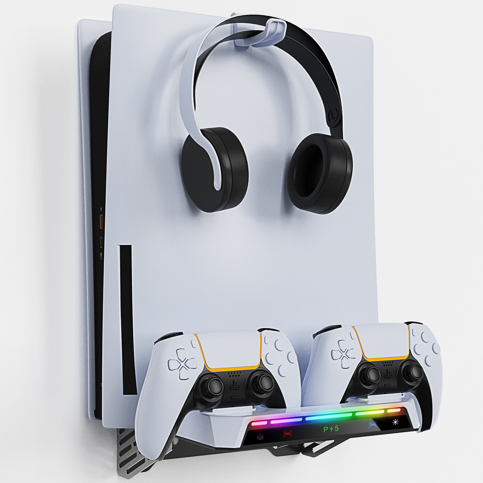 For PS5 Slim Console Wall Mount PS5 Gamepad Holder +RGB Light / Triangle Stand
