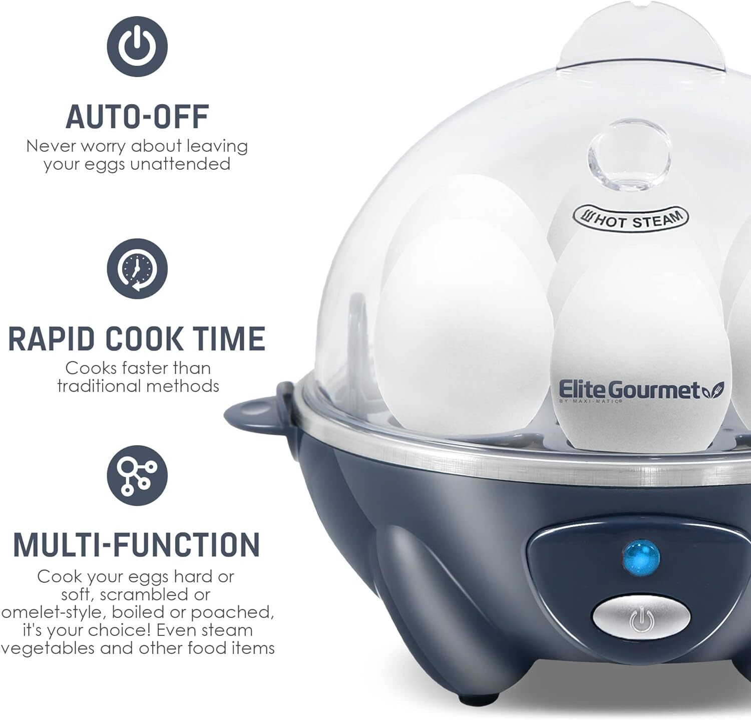 Elite Gourmet Easy Electric 7 Egg Capacity Soft, Medium, Grey Blue