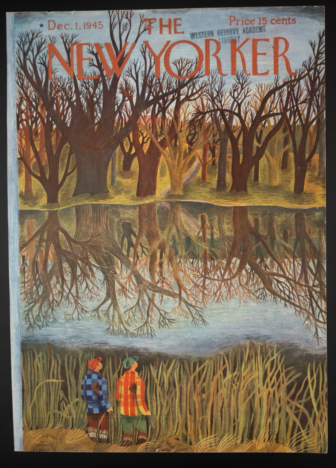 December 1, 1945 New Yorker Cover, hunters, trees reflecting.  Ilanka Karasz