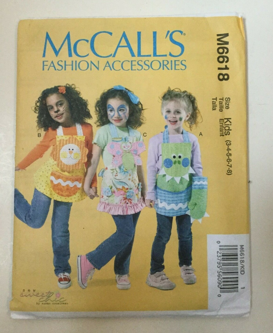 McCalls M6618 Childrens Apron Oven Mitts Potholders Lion Dinosaur Butterfly 3-8
