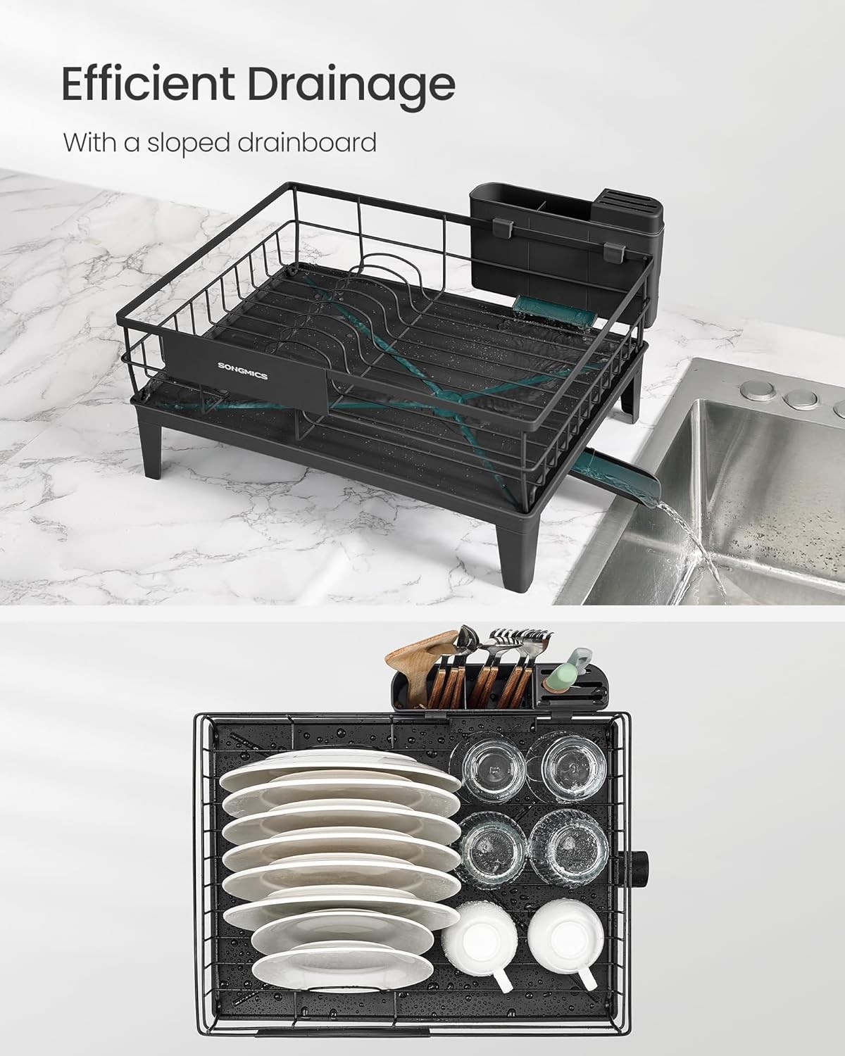 Dish Drying Rack, Kitchen Dish Rack with Drainboard, 360° Rotatable