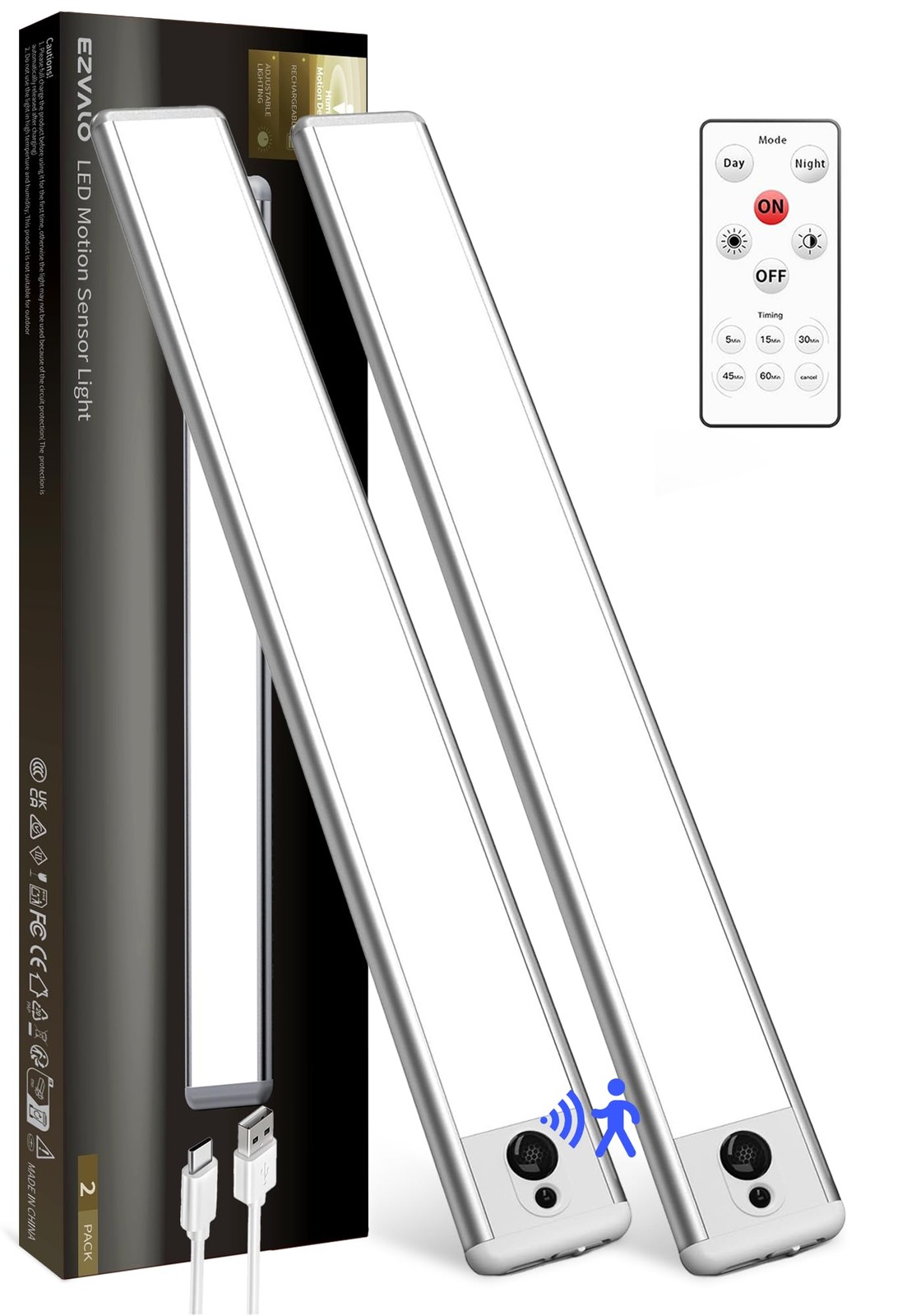 2 Pack Under Cabinet Lights, 14.5'' Magnetic Motion Sensor Light, 4000mAh Lar...