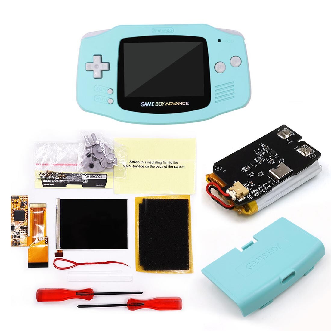 Hispeedido TYPE-C Batteries GBA IPS V2 Screen Backlight Mod Kits W/Pre-cut Shell