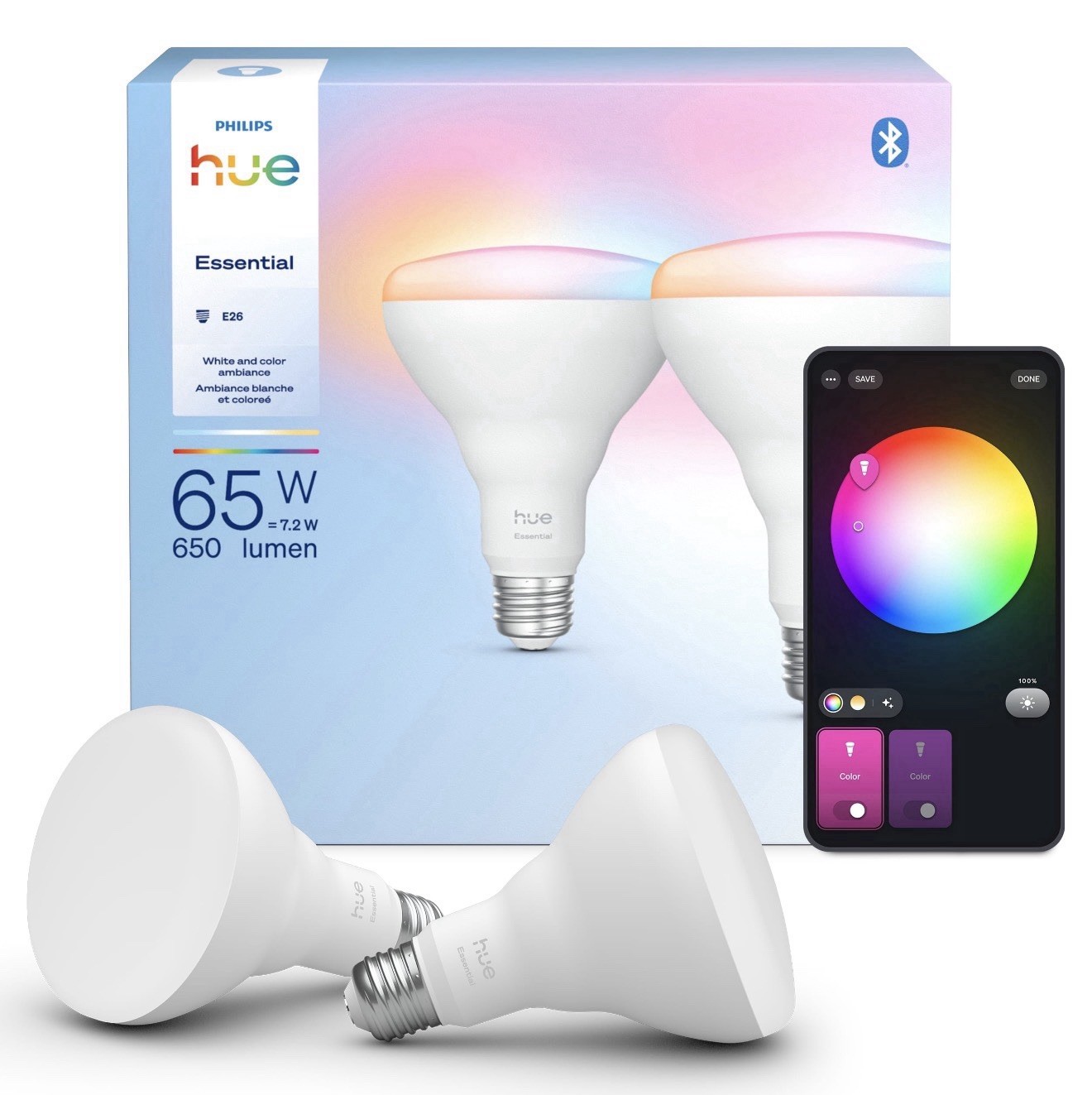 Philips Hue Essential White & Color Ambiance 65W-BR30 Flood Light Bulb/2-Pack.R7